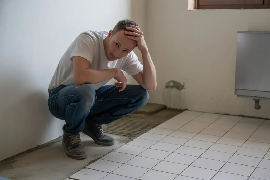 Person crouching beside a partially tiled floor where tiles run short before reaching the wall