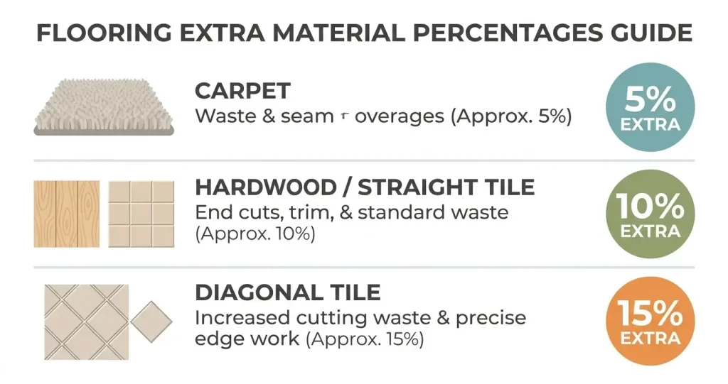Infographic showing recommended waste percentages for carpet, hardwood, and diagonal tile layouts