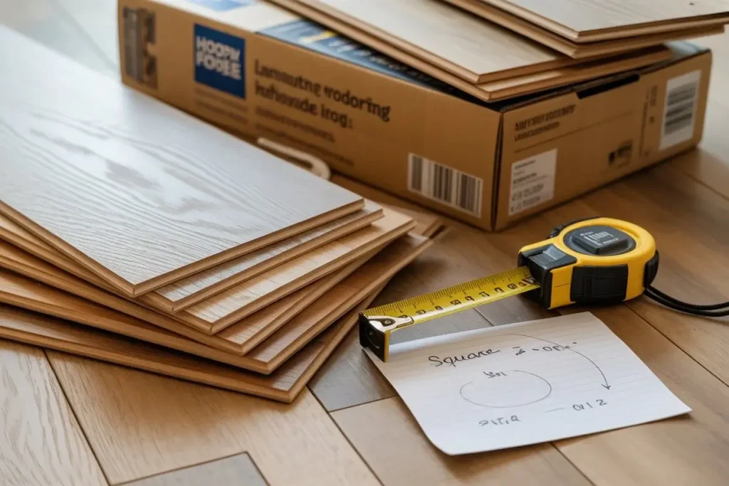 Stack of hardwood flooring planks beside a tape measure and square footage calculation notes