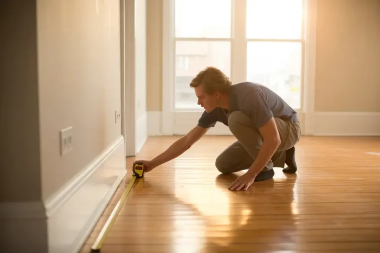 A person measuring a room floor with a tape measure to calculate square footage