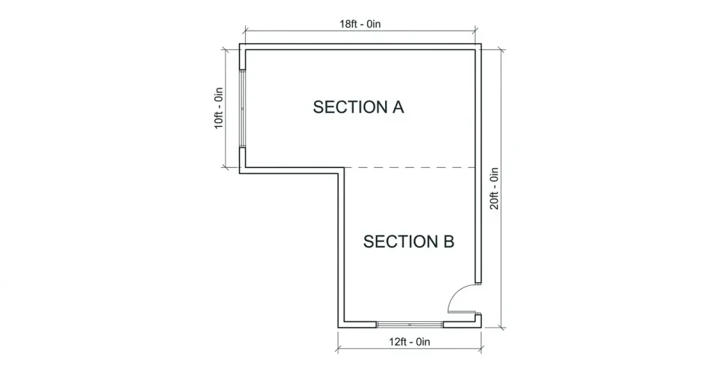 Top-down floor plan of an L-shaped room split into two labeled rectangles with measurements