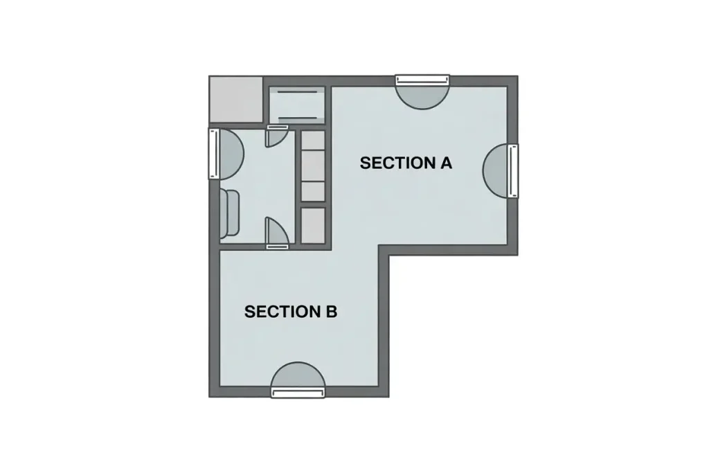 Floor plan diagram of an L-shaped room split into Section A and Section B with dimensions labeled