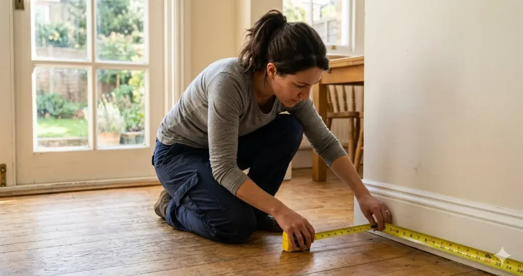 Person measuring a room floor with a tape measure showing feet and inches