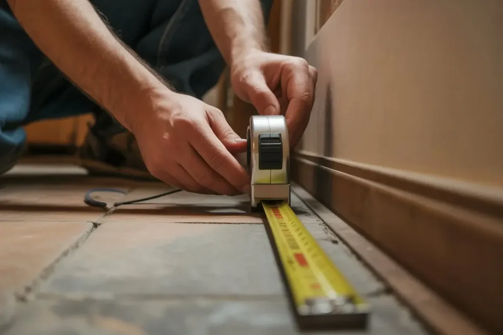 Close-up of hands using a tape measure along a wall to measure room dimensions