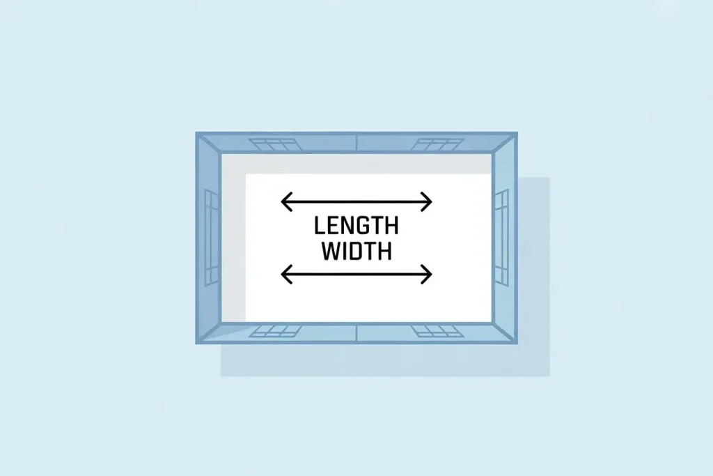 Diagram of a rectangular room with length and width arrows showing the square footage formula
