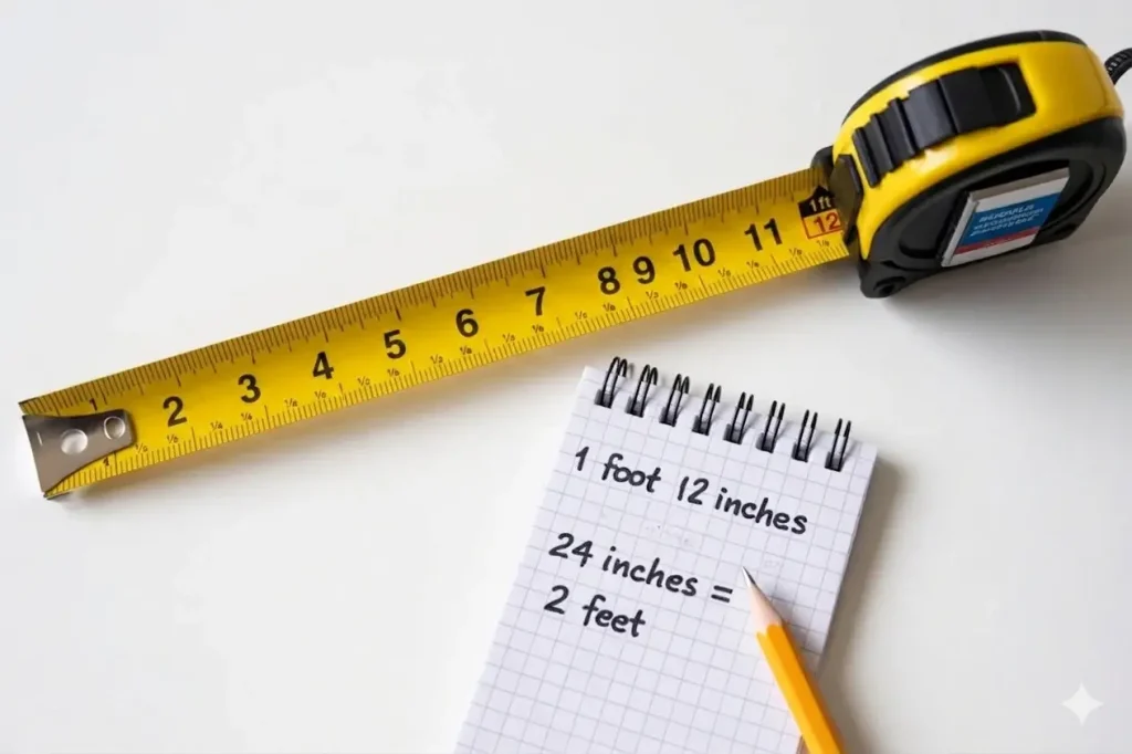 Tape measure flat lay with notepad showing how to convert inches to decimal feet
